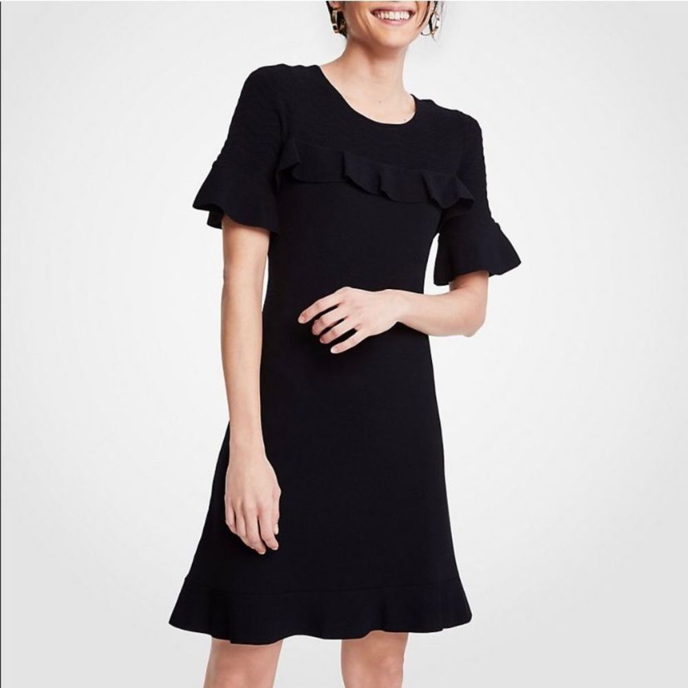Ann Taylor Chevron Ruffle Sweater Dress Black L NWT